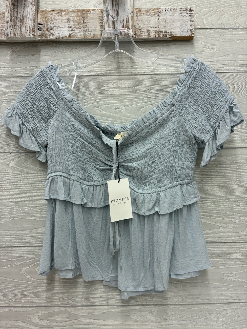 Promesa Light Blue Smocked Ruffle Off-Shoulder Top